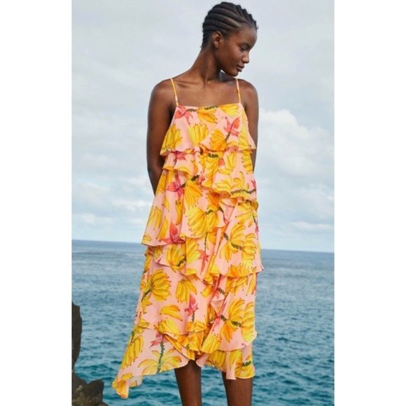 NWT Farm Rio Banana Taste Sleeveless Tiered Ruffle Chiffon Midi Dress - Picture 1 of 8